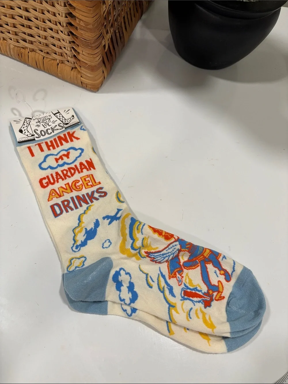 Primitives by Katy  'I Think My Guardian Angel Drinks' Crew Socks NWT